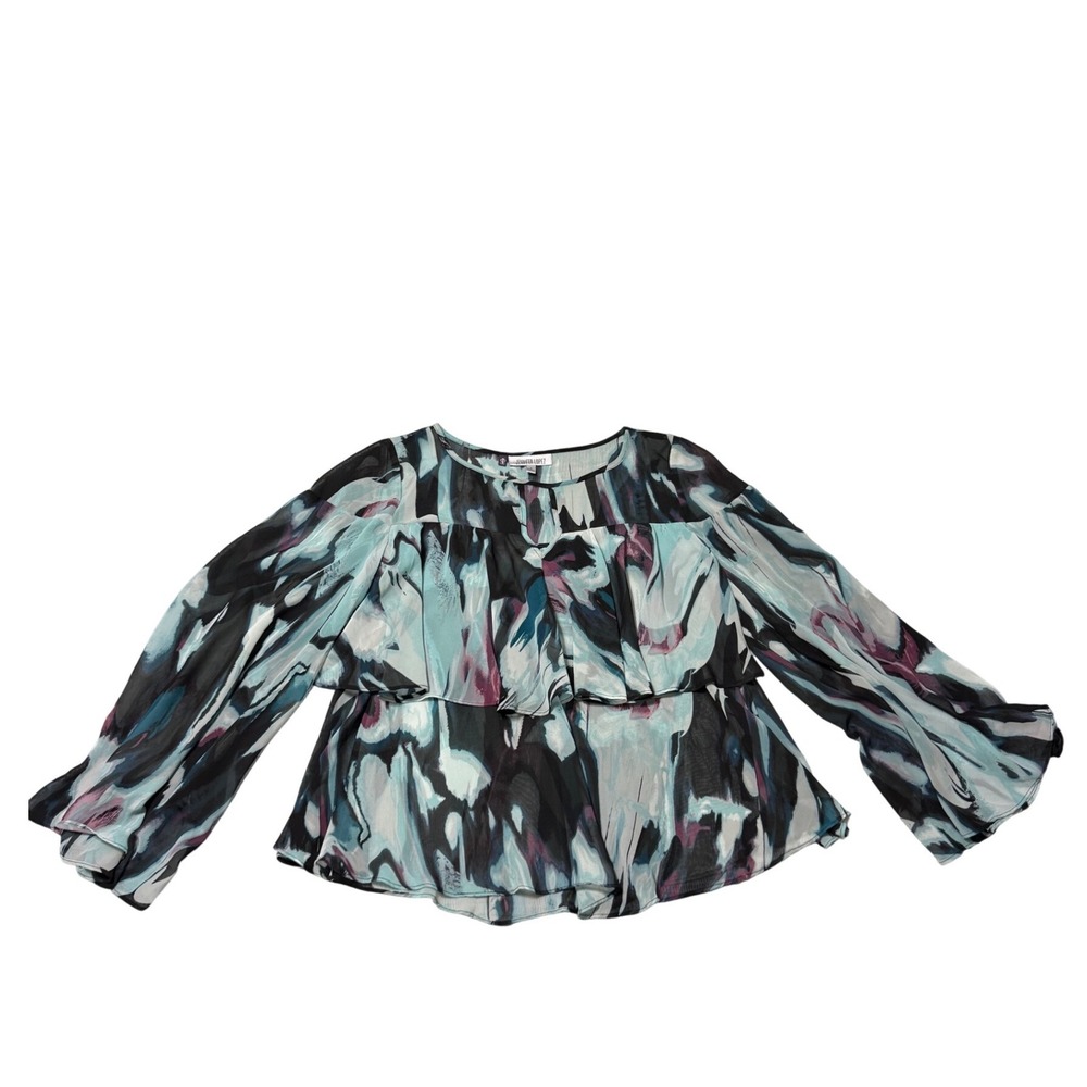 Jennifer Lopez Blouse S Ruffle Tiered Bell Sleeve Women Abstract Watercolor